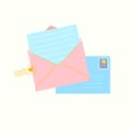 Letters, cards and envelopes. Hand-drawn postal cards and envelopes with post stamps